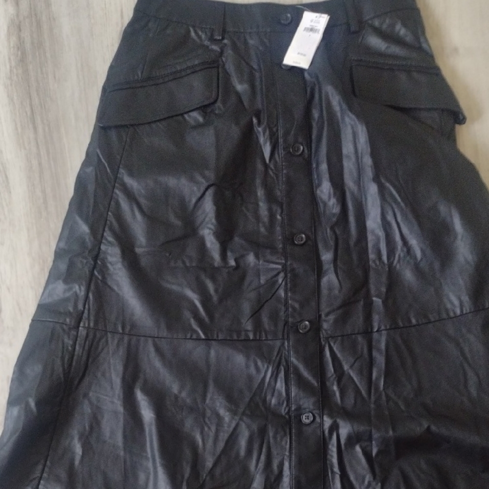 Black Button-Down Midi Skirt Vegan Faux Leather by Banana Republic